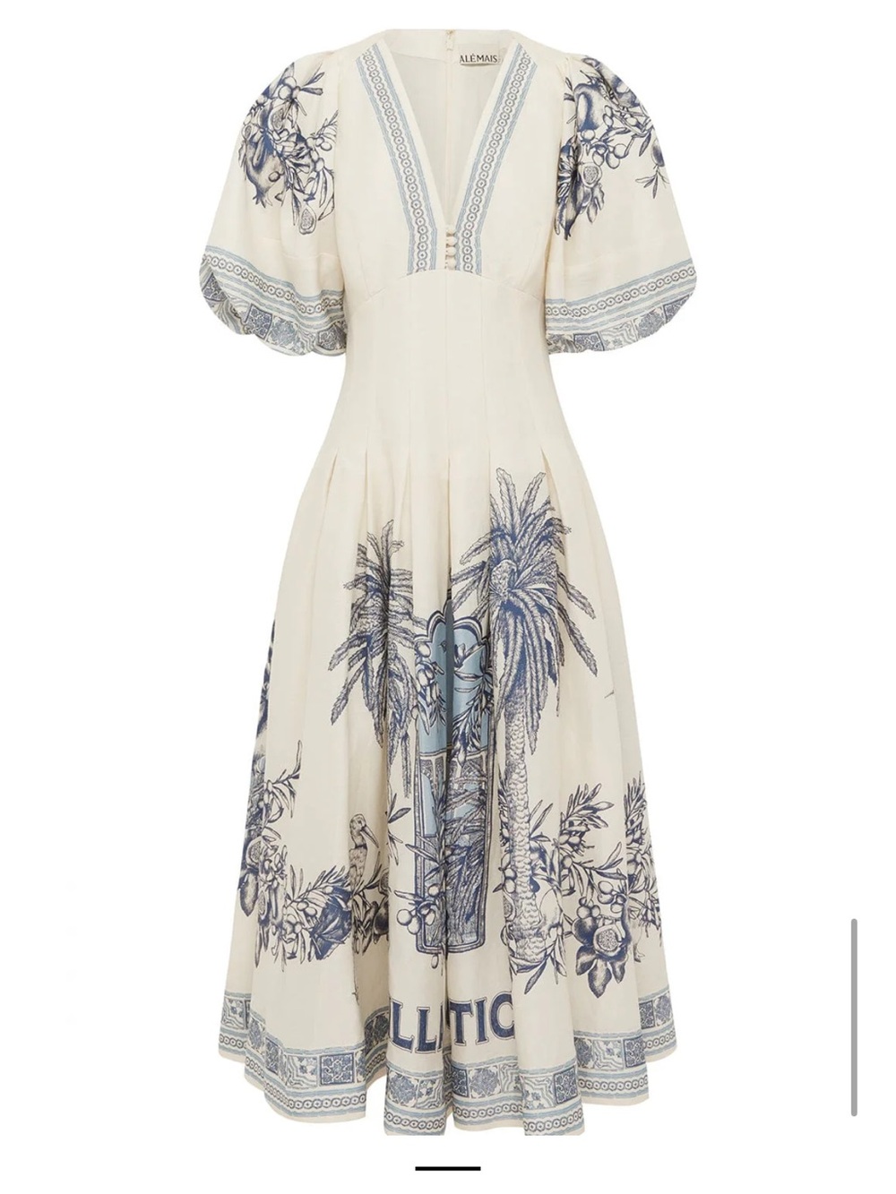 Alemais Cream Midi Dress with Blue Botanical Print